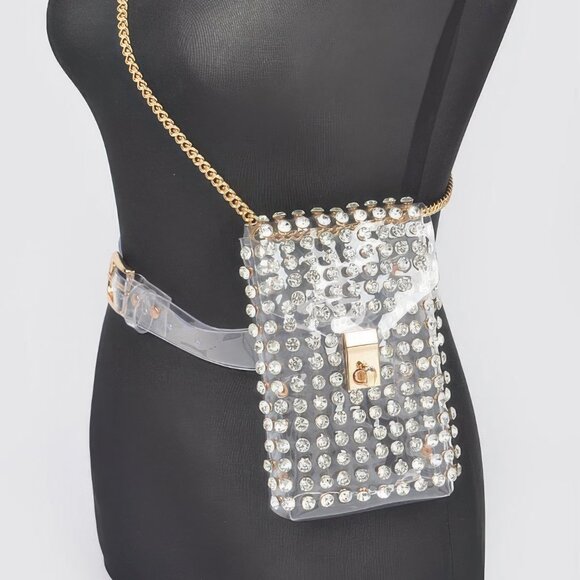 Rhinestone Clear Belt Bag W/chain - Picture 1 of 7